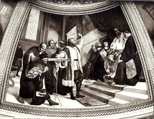Galileu (1564-1642) apresentando seu telescópio ao senado veneziano, de The Trial of Galileo